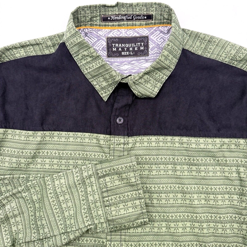 Tranquility Mayhem Button Down Men L Green Tribal Geometric Roll Tab Long Sleeve